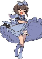  1boy ayumu_(fun_bo) back_ribbon black_bow bloomers blue_bow blue_bowtie blue_choker blue_dress blue_sailor_collar blue_socks bow bowtie brown_hair choker closed_eyes commentary crossdressing crossdressing_(mtf) dress dress_bow floating_clothes frilled_bow frilled_dress frilled_sailor_collar frilled_socks frills full_body fun_bo hair_bow hair_flaps highres kneehighs large_bow lolita_fashion male_focus open_mouth original puffy_short_sleeves puffy_sleeves sailor_collar short_hair short_sleeves simple_background sleeve_bow smile socks solo spinning standing v-shaped_eyebrows white_background white_bloomers 