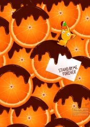  artist_name chocolate-covered_food commentary_request english_text food food-themed_background fruit highres no_humans on_food orange_(fruit) orange_slice pikmin_(creature) pikmin_(series) sitting sitting_on_food solo tekuteku_pikmin watermark yellow_pikmin 