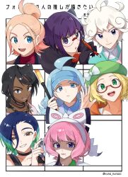  1boy 6+girls ahoge aqua_gem artist_name bare_shoulders bead_necklace beads bede_(pokemon) bianca_(pokemon) black_choker black_eyes black_hair blonde_hair blue_eyes blue_hair blue_hat blunt_bangs bob_cut bow bright_pupils brown_eyes brown_jacket choker closed_mouth collarbone collared_shirt commentary_request crop_top curly_hair dark-skinned_female dark_skin diamond_(gemstone) diamond_(shape) diamond_earrings drill_hair drill_sidelocks earrings elbow_gloves eyeshadow fan_request flipped_hair followers_favorite_challenge fur_jacket gem glasses gloves golf_club gradient_hair green_eyes green_hat grey_shirt grin gym_challenge_uniform hair_bow hair_bun hairband halter_shirt halterneck hat highres holding holding_golf_club holding_pen jacket jewelry kahili_(pokemon) klara_(pokemon) large_bow long_hair loose_hair_strand low_neckline makeup mikan_ame9 mole mole_under_eye mole_under_mouth multicolored_hair multiple_drawing_challenge multiple_girls neck_pillow neck_ring necklace off-shoulder_shirt off_shoulder olivia_(pokemon) open_mouth orange_jacket pen perrin_(pokemon) pink_eyeshadow pink_gem pink_hair pink_lips pokemon pokemon_black_2_and_white_2 pokemon_black_and_white pokemon_legends:_z-a pokemon_scarlet_and_violet pokemon_sun_and_moon pokemon_sword_and_shield print_shirt print_shorts purple_hair red-framed_eyewear red_shirt ribbed_shirt rimless_eyewear round_eyewear semi-rimless_eyewear shaded_face shauntal_(pokemon) shirt short_hair short_sleeves shorts sidelocks sleeveless sleeveless_shirt smile striped_clothes striped_shirt taunie_(pokemon) tsurime turtleneck turtleneck_shirt twitter_username two-tone_shirt undershirt updo upper_body v-neck violet_eyes visor_cap white_bow white_hairband white_nails 