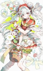  1girl absurdres animal animal_charm animal_ear_hood animal_ears apple apron bag_charm bandaid bandaid_on_leg basket blood bow bowtie charm_(object) cloak clothed_animal collarbone collared_dress commission cross-laced_clothes cross-laced_dress detached_hood diamond_(shape) dot_nose double_bun dress drill_hair ear_covers eyes_visible_through_hair feet_out_of_frame floral_print food frilled_dress frilled_sailor_collar frilled_socks frilled_wrist_cuffs frills fruit green_background green_blood green_ribbon green_socks hair_bow hair_bun hair_ornament hair_through_hood hairclip halftone halftone_background happy heart heart_hair_ornament highres holding holding_basket holding_shovel hood hood_up hooded_cloak jiayi_binggan kneehighs knees light_blush long_hair mismatched_socks open_mouth original pleated_dress pocket print_hood puffy_short_sleeves puffy_sleeves rabbit_charm rabbit_ears red_bow red_bowtie red_cloak red_dress red_eyes red_hood red_sailor_collar ribbon sailor_collar sample_watermark short_dress short_sleeves shovel signature single_stripe smile socks solo speech_bubble spill spoken_object sprout standing striped_bow twin_drills twintails two-tone_background very_long_hair waist_apron water_drop watering_can watermark white_apron white_background white_hair white_rabbit_(animal) white_wrist_cuffs wrist_bow wrist_cuffs yellow_socks 