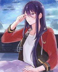  1boy aquarium black_jacket blanket blush commentary_request ensemble_stars! fish hair_down highres hood hooded_jacket jacket kanzaki_souma ko_no_ao long_hair male_focus multicolored_jacket one_eye_closed open_clothes open_jacket parted_lips purple_hair red_jacket rubbing_eyes shirt sitting sleepover solo straight_hair three-quarter_sleeves two-tone_jacket violet_eyes waking_up watermark white_shirt 