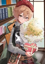  1girl absurdres blush book bookshelf bouquet box brown_eyes brown_hair clio_aite coat flower freckles glasses green_coat grey_shirt hat heart-shaped_box highres library mon_monn orange_nails phase_connect red_hat round_eyewear scar scar_across_eye scar_on_face shirt short_hair smile solo virtual_youtuber window 