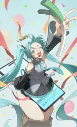  1girl 1other :d aqua_eyes aqua_hair aqua_nails aqua_necktie aqua_trim arm_up balloon black_skirt black_sleeves cellphone collared_shirt commentary_request confetti detached_sleeves floating_clothes floating_hair food grey_shirt hair_ornament hatsune_miku highres holding holding_food holding_phone holding_spring_onion holding_vegetable level_up long_hair long_sleeves looking_up miku_day mini_person minigirl necktie one_eye_closed phone pleated_skirt shirt skirt sleeveless sleeveless_shirt smartphone smile solo_focus spring_onion streamers through_medium through_screen translation_request twintails vegetable very_long_hair vocaloid w yukihira_makoto 