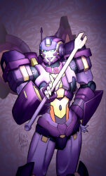  1girl autobot hand_on_own_hip helmet holding holding_wrench humanoid_robot insignia mechanical_wings nautica_(transformers) purple_lips robot robot_girl science_fiction solo the_transformers_(idw) tiina_hesselbaeck transformers wings wrench 