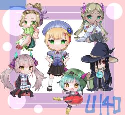  6+girls :< :c \||/ aqua_hair bead_necklace beads black_hair black_hat black_robe black_shirt black_shoes black_skirt black_thighhighs blonde_hair blunt_bangs blunt_ends blush bob_cut book boots border braid brown_hair bungo_yayoi buttons chibi chibi_only closed_mouth collared_shirt commentary_request crab_claw crocs crossed_arms dark-skinned_female dark_skin double-breasted earrings eyelashes eyes_visible_through_hair fake_horns fake_pincers fish_hair_ornament flask forehead frown full_body green_eyes green_pupils green_skirt grey_hair grey_hat grey_shirt hair_behind_ear hair_bun hair_ornament hair_over_one_eye hair_ribbon hairclip hand_up hands_on_own_hips hat heaven_burns_red helmet highres hime_cut holding holding_flask holding_stuffed_toy horned_helmet horns hugging_object jacket jewelry kneehighs kneeling knees_apart_feet_together knees_up light_frown long_bangs long_hair long_sleeves looking_at_viewer low_twintails lower_teeth_only maruyama_kanata maruyama_squad_(heaven_burns_red) mary_janes miniskirt multiple_girls neck_ribbon necklace no_shoes ogasahara_hisame one_eye_covered ooshima_yotsuha open_clothes open_jacket open_mouth open_robe outside_border outstretched_arm own_hands_clasped own_hands_together parallel_hairclips parted_bangs pink_border pleated_skirt puffy_short_sleeves puffy_sleeves purple_ribbon red_eyes red_ribbon ribbon rin_0101010 robe rolled-up_paper round-bottom_flask sailor_collar sandals shirt shoes short_hair short_sleeves side_braids sidelocks simple_background single_hair_bun sitting skirt smile smug socks split_mouth standing standing_on_one_leg straight-on straight_hair stuffed_animal stuffed_cat stuffed_toy teeth tenne_miko thigh-highs thighs tomboy triangle_earrings twintails v-shaped_eyebrows very_long_hair vritika_balakrishnan white_background white_jacket white_sailor_collar white_shirt white_skirt white_socks wide_sleeves witch witch_hat yellow_boots yellow_eyes zettai_ryouiki zouri 