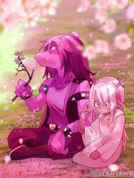  2girls animal_ears antlers armlet bracelet cherry_blossoms colored_skin commentary deer_antlers deer_ears deer_girl deltarune furry furry_female highres horns jewelry kskt_daisuki multiple_girls noelle_holiday noelle_holiday_(dark_world) purple_skin reindeer_girl reptile_girl robe sleeveless sleeveless_jacket spiked_armlet spiked_bracelet spikes susie_(dark_world)_(deltarune) susie_(deltarune) untranslatable_commentary utdr_(toby_fox) white_robe 