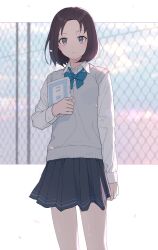  1girl absurdres against_fence black_hair blue_bow blue_eyes blurry blurry_background blush bow chain-link_fence depth_of_field fence forehead highres kurei_9_0 long_sleeves looking_at_viewer original outdoors pantyhose pleated_skirt rooftop school_uniform shirt short_hair skirt solo tile_wall tiles white_shirt 