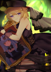  1girl animal_ears arknights asymmetrical_gloves bang_dream! bang_dream!_it's_mygo!!!!! black_dress black_gloves black_hat blonde_hair blush closed_mouth commentary_request dog_ears dog_girl dress gloves hat highres holding_portrait kamikawa_celery looking_at_viewer medium_hair mismatched_gloves misumi_uika misumi_uika_(caged_singer) partial_commentary portrait_(object) togawa_sakiko togawa_sakiko_(master_of_melodia) violet_eyes 