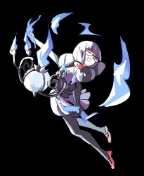  1girl absurdres anyadesu_yo blunt_bangs bob_cut bow breasts chandelier chandelure commentary_request elbow_gloves fire ghost glasses gloves highres large_bow low_neckline medium_breasts neck_pillow one_eye_closed open_mouth pantyhose pokemon pokemon_(creature) pokemon_black_and_white purple_fire purple_hair purple_skirt rimless_eyewear round_eyewear shauntal_(pokemon) short_hair sketch skirt smile violet_eyes 