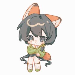  1girl :< animal_ear_fluff animal_ears ankle_socks artist_self-insert black_hair black_skirt blue_eyes blush_stickers bow bow_legwear chibi chinese_commentary closed_mouth commentary_request flower fox_ears fox_girl fox_tail frown green_bow green_flower green_shoes green_sweater hair_between_eyes hair_flower hair_intakes hair_ornament hair_over_shoulder hair_spread_out invisible_chair knees long_hair long_sleeves looking_at_viewer low_twintails miniskirt one_ear_down original pleated_skirt puffy_long_sleeves puffy_sleeves shirt shirt_under_sweater shoes simple_background sitting skirt sleeves_past_wrists socks solo sweater tail thinking twintails v-neck very_long_hair white_background white_shirt white_socks yumo900044 