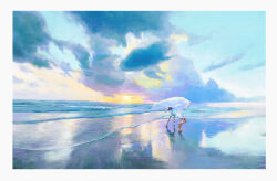  1boy 1girl absurdres beach blanket blue_sky blue_theme border child clouds commentary dawn day english_commentary from_behind from_side gradient_sky highres holding holding_blanket landscape ocean original outdoors painterly painting_(medium) reflection reflective_liquid reflective_surface running scenery shirt shorts sky sunlight traditional_media water waves white_blanket white_border white_shirt white_shorts white_sky yellow_sky zhongjusun 