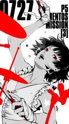  1girl artist_name belly braid commentary_request crop_top crown_braid drum drumsticks earrings english_text frilled_tank_top frills holding holding_drumsticks instrument jewelry looking_at_viewer medium_hair midriff multiple_monochrome music navel niijima_makoto numbered official_art open_mouth persona persona_5 playing playing_drums playing_instrument red_eyes red_nails saitou_rokuro signature simple_background star_(symbol) sweat tank_top tape taped_hands teeth upper_teeth_only white_background 