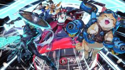  2boys 3girls absurdres anran_(overwatch) black_hair black_pants blue_pants blue_shirt cannon car chain commentary_request flying fox_mask goggles green_eyes green_hair half_mask hand_fan highres holding holding_fan holding_staff japanese_clothes jetpack jetpack_cat_(overwatch) kappa_costume karakasa_obake kasa_(hat) kiriko_(overwatch) leggings magic mask miko mizuki_(overwatch) motion_lines motor_vehicle multiple_boys multiple_girls nemoto_yuuma official_art orange_fur orange_shirt orange_shorts overwatch pants payload_cart ponytail red_leggings red_shoes rope rope_belt shimenawa shirt shoes shorts staff topknot torii umbrella whiskers white_shirt wuyang_(overwatch) 