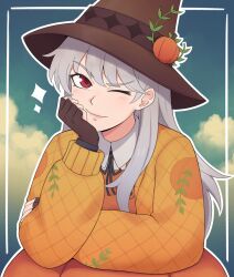 1girl black_ribbon blush cloud_background collar edmonmondo english_commentary fingerless_gloves fortnite gloves hat head_on_hand highres jacket lexa_(fortnite) lexa_hexbringer long_hair long_sleeves looking_at_viewer official_alternate_costume one_eye_closed orange_jacket pumpkin pumpkin_hat_ornament pumpkin_ornament pumpkin_print quilted_jacket red_eyes ribbon smile solo sparkle upper_body white_collar white_hair wing_collar witch_hat 