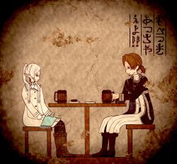  1boy 1girl alcohol boots brown_boots brown_hair closed_mouth coat commentary_request cup earrings elf facial_hair frieren highres jewelry kita_(7kita) long_hair pointy_ears priest sein_(sousou_no_frieren) short_hair sousou_no_frieren teardrop_earrings white_coat white_hair 