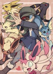  1girl ;d black_jacket black_skirt blue_hair blue_shirt boots brown_boots closed_mouth commentary fangs flareon fur-trimmed_boots fur_trim grey_eyes grey_hat grey_pantyhose happy hat heart highres jacket jolteon leafeon long_sleeves looking_at_viewer miniskirt multicolored_hair newsboy_cap one_eye_closed open_clothes open_jacket open_mouth outstretched_arm pantyhose penny_(pokemon) pleated_skirt poke_ball_background poke_ball_symbol pokemon pokemon_(anime) pokemon_(creature) pokemon_horizons pokemon_team print_pantyhose red_hair rotix round_eyewear shirt shirt_tucked_in short_hair skirt smile sunglasses sylveon two-tone_hair umbreon vaporeon 