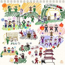  6+boys absurdres anger_vein anniversary architecture ayabe_kihachirou beard black_hair blonde_hair blue_eyes blush bomb brown_eyes brown_hair calligraphy_brush character_request closed_eyes coin commentary_request crossed_arms dango doi_hansuke east_asian_architecture everyone explosive facial_hair fang fist_bump food freckles geta glasses grey_hair hama_shuichirou headband hieta_happousai highres holding holding_sword holding_weapon instrument key komatsuda_shuusaku kunai mecan_wife mole mole_under_eye multiple_boys mustache nakazaike_chouji ookawa_heiji_uzumasa open_mouth orange_hair paintbrush purple_hair rakudai_ninja_rantarou red_eyes saitou_takamaru sanshoku_dango scar scar_on_face sheath shuriken smile sunglasses sword tairano_takiyashamaru tamura_mikiemon tatsumaki_(rakudai_ninja_rantarou) topknot translation_request unsheathing violet_eyes wagashi weapon yamada_denzou yamada_rikichi 