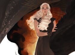  1girl a_song_of_ice_and_fire black_dragon black_dress chromatic_aberration closed_mouth commentary cowboy_shot daenerys_targaryen dragon dress game_of_thrones highres lizzyartworld long_hair looking_at_viewer short_sleeves solo wavy_hair white_background wristband 