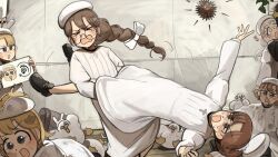  >_< 6+girls :o animal_on_head banana_peel bird black_shoes blonde_hair braid brown_eyes brown_hair bunny_nun_(diva) cat cat_on_head chicken clumsy_nun_(diva) commentary diva_(hyxpk) drooling duck english_commentary froggy_nun_(diva) glasses glasses_nun_(diva) grey_hair hat hedgehog highres hungry_nun_(diva) little_nuns_(diva) long_hair messy_hair mouth_drool multiple_girls nun on_head robe round_eyewear shoes short_hair spicy_nun_(diva) star_(symbol) star_in_eye star_nun_(diva) star_ornament symbol_in_eye tears triangle_mouth white_hat white_robe yellow_eyes 