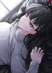  1girl black_hair blue_archive blunt_bangs blush breasts hair_ornament hairclip halo large_breasts long_hair long_sleeves looking_at_viewer lying on_back parted_lips red_eyes rio_(blue_archive) solo sweater turtleneck turtleneck_sweater very_long_hair white_sweater yuki_(asayuki101) 