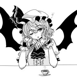  1girl ascot bat_wings center_frills commentary_request cup frills greyscale hat hat_ribbon highres looking_at_viewer mitsu~ mob_cap monochrome one_eye_closed puffy_short_sleeves puffy_sleeves remilia_scarlet ribbon saucer shirt short_sleeves solo squeans teacup touhou upper_body wings wrist_cuffs 