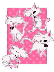  :3 :d ^_^ absurdres angel_dust animal animal_focus animalization black_bow black_bowtie black_choker black_sclera border bow bowtie brooch cat choker closed_eyes colored_sclera commentary_request facing_ahead fangs hazbin_hotel heart heart_background hellaverse highres jewelry looking_at_viewer looking_down lying menma_(enaic31) mismatched_sclera multiple_views no_humans on_side open_mouth outline outside_border pink_eyes pink_theme signature simple_background sitting sleeping smile squeans tareme tongue traditional_bowtie u_u white_border white_cat white_outline 