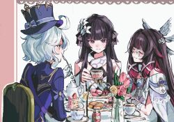  3girls bare_shoulders black_hair blue_hat blue_jacket cake cake_slice chair closed_eyes columbina_(genshin_impact) commentary_request commission cosplay cup dress eating eye_mask flower food fork furina_(genshin_impact) genshin_impact gloves hair_flower hair_ornament hair_ribbon hat highres holding holding_cup holding_fork jacket koharu_(sharkoharu) long_hair looking_at_viewer lumine_(genshin_impact) lumine_(genshin_impact)_(cosplay) macaron mask multicolored_hair multiple_girls on_chair original pink_hair ribbon saucer second-party_source short_hair sitting skeb_commission smile spoon table tea tea_party_(blue_archive) teacup teapot top_hat two-tone_hair utensil_in_mouth vase violet_eyes white_background white_dress white_gloves white_hair white_mask wing_hair_ornament x_x_(batttsu_404) 