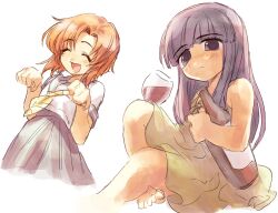  2girls barefoot bottle closed_eyes cup dress drinking_glass furude_rika green_dress higurashi_no_naku_koro_ni holding holding_bottle holding_cup hswoimuxk0pwr0h_(bbdan) long_hair multiple_girls neckerchief open_mouth orange_hair purple_hair ryuuguu_rena school_uniform serafuku shirt simple_background skirt violet_eyes white_background white_shirt wine_bottle wine_glass yellow_neckerchief 