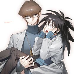  2boys bespectacled black_hair black_pants blue_eyes blue_shirt brothers brown_hair card carrying carrying_person closed_mouth coat frown glasses hands_on_own_face highres jewelry kaiba_mokuba kaiba_seto lapels layered_sleeves long_hair male_focus moemoenomori multiple_boys necklace notched_lapels open_mouth pants princess_carry rectangular_eyewear shirt short_hair siblings simple_background sleeves_past_wrists teeth turtleneck white_background white_coat yu-gi-oh! yu-gi-oh!_duel_monsters 