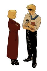  1boy 1girl amuro_ray animal animal_ears animalization black_pants blonde_hair blue_necktie boots brother_and_sister brown_coat cat cat_ears char_aznable coat crossed_arms full_body gundam highres holding holding_animal holding_cat lalah_sune looking_at_another medium_hair mobile_suit_gundam napp necktie pants sayla_mass shirt siblings simple_background sunglasses white_background white_shirt 