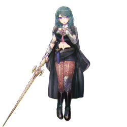  1girl black_boots black_cape blue_eyes blue_hair boots brown_pantyhose byte_(grunty-hag1) cape clothing_cutout female_byleth_(fire_emblem) fire_emblem fire_emblem:_three_houses full_body holding holding_weapon knee_pads knife_sheath navel navel_cutout pantyhose sheath single_knee_pad solo vambraces weapon 