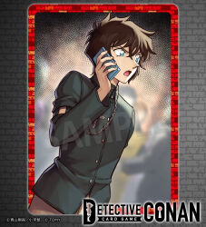  black_hair black_jacket blue_eyes blurry brown_pants card_(medium) cellphone commentary_request copyright_logo copyright_notice crossed_bangs depth_of_field dutch_angle highres holding holding_phone jacket logo long_sleeves meitantei_conan meitantei_conan_card_game nijihayashi official_art open_mouth pants phone sample_watermark sera_masumi short_hair smartphone standing talking_on_phone v-shaped_eyebrows watermark 