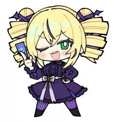  1girl blonde_hair blush_stickers breasts card chibi digimon digimon_card_game digimon_liberator dress drill_hair full_body green_eyes holding holding_card multicolored_hair one_eye_closed pinch_(nesume) purple_dress purple_hair simple_background solo streaked_hair trading_card twin_drills two-tone_hair violet_inboots white_background 