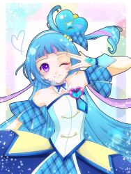  1girl aokaze_nana bare_shoulders blue_hair blue_theme blush breasts closed_mouth collarbone commentary_request cure_wink detached_collar dress hand_up headphones highres idol idol_clothes idol_heart_brooch_(precure) idol_heart_incom kimi_to_idol_precure long_hair looking_at_viewer multicolored_hair n_m_oekaki_n_k one_eye_closed plaid_clothes plaid_ribbon plaid_sleeves precure purple_hair ribbon short_sleeves small_breasts smile solo strapless strapless_dress very_long_hair violet_eyes 