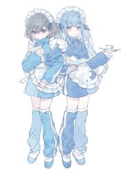  2girls absurdres apron arrow_hair_ornament bang_dream! bang_dream!_it's_mygo!!!!! blue_hair blue_leg_warmers blue_shoes blue_shorts chinese_commentary closed_mouth commentary_request frilled_apron frills full_body grey_hair hair_ribbon hand_on_own_hip hand_up highres holding holding_menu holding_saucer jacket jersey_maid leg_warmers long_hair long_sleeves looking_at_viewer maid maid_headdress menu multiple_girls ribbon saucer shoes short_hair shorts sidelocks simple_background smile songie standing takamatsu_tomori togawa_sakiko track_jacket two_side_up unconventional_maid white_apron white_background yellow_eyes 