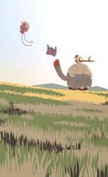  absurdres amazora_owl_02 closed_eyes commentary_request disc ditto drifloon field grass highres holding holding_stick no_humans open_mouth outdoors plant pokemon pokemon_(creature) pokemon_focus pokemon_pokopia professor_tangrowth sky smile stick tangrowth tm_(pokemon) vines 