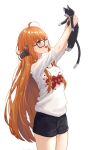  1girl :d ahoge alternate_eye_color animal arms_up ayloss behind-the-head_headphones black_shorts blush breasts cat glasses grey_eyes headphones highres holding holding_animal holding_cat long_hair looking_at_animal looking_up morgana_(persona_5) open_mouth orange_hair persona persona_5 print_shirt sakura_futaba shirt short_shorts shorts simple_background small_breasts smile thigh-highs very_long_hair white_background white_shirt 