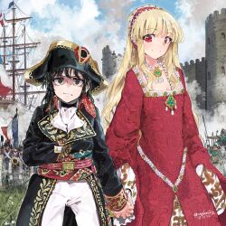  1boy 1girl absurdres artillery belt black_coat black_eyes black_hair black_hat blonde_hair blue_sky blush clenched_teeth closed_mouth clouds cloudy_sky coat cockade cowboy_shot day dress fortress french_army french_flag gold_trim hand_in_jacket hat height_difference high-waist_belt highres holding_hands long_hair long_sidelocks long_sleeves looking_at_another looking_at_viewer looking_to_the_side medium_hair military_hat napoleonic_wars outdoors pants red_belt red_dress red_eyes ship sidelocks sky smile smoke standing teeth tricorne watercraft white_pants 