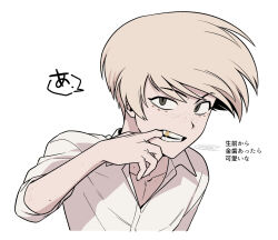  1boy angel_dust angel_dust_(human) bare_arms black_eyes blonde_hair body_freckles collared_shirt commentary_request finger_in_own_mouth freckles from_above gold_teeth hair_between_eyes hand_up hazbin_hotel hellaverse highres male_focus menma_(enaic31) portrait shirt short_hair signature simple_background solo speech_bubble swept_bangs teeth three-quarter_sleeves translation_request very_short_hair white_background white_shirt 