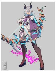  1girl arrow_(projectile) belt blue_eyes bow_(weapon) breasts capelet closed_mouth commission dragon_girl dragon_horns dragon_tail drawing_bow drawn_bow dress electricity energy_arrow full_body glowing_arrow grey_hair hair_between_eyes heterochromia high_heels highres holding holding_arrow holding_bow_(weapon) holding_weapon horns huge_weapon jesternalagon long_hair long_sleeves necktie original pointy_ears purple_belt purple_electricity purple_necktie shoes simple_background skirt smile solo standing tail thigh-highs transparent_weapon twitter_username violet_eyes weapon 