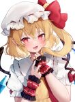  1girl blonde_hair blush collared_shirt crystal fang flandre_scarlet frilled_shirt_collar frills hair_between_eyes hat highres long_hair mob_cap open_mouth red_eyes red_vest shirt short_sleeves side_ponytail simple_background skin_fang smile solo touhou upper_body usushio vest white_background white_headwear white_shirt wings wrist_cuffs 