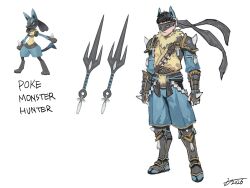  1boy absurdres animal animal_ears arm_guards armor black_fur black_hair closed_mouth fur_trim gauntlets hichi highres lucario mask monster_hunter_(character) monster_hunter_(series) mouth_mask ninja ninja_mask pokemon_(creature) sai_(weapon) short_hair shoulder_armor simple_background spikes standing weapon 