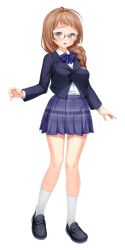  1girl :o black_jacket blazer blue_bow blue_bowtie blue_skirt blush bow bowtie braid braided_ponytail brown_eyes brown_hair collared_shirt dress_shirt full_body game_cg glasses grey-framed_eyewear hair_over_shoulder jacket kamitsurugi_ouka kouyoku_senki_exs-tia_concert kunijima_chiaki large_variant_set loafers long_hair long_sleeves looking_at_viewer miniskirt non-web_source official_art open_mouth parted_lips plaid_bow plaid_bowtie plaid_clothes plaid_skirt pleated_skirt purple_skirt red_eyes rimless_eyewear school_uniform self-datamine shirt shoes simple_background single_braid skirt socks solo standing tachi-e transparent_background variant_set white_shirt white_socks 
