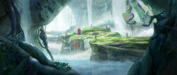  1boy absurdres boulder cave_interior chinese_commentary cliff day facing_viewer fog highres holding holding_staff landscape leaf moss original outdoors plant plant_roots purple_robe robe scenery staff standing stone_lantern sunlight vines water waterfall zhongjusun 