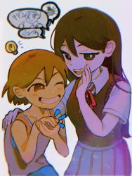  1boy 1girl aged_down black_sweater_vest blue_shorts blush bright_pupils brown_eyes brown_hair collarbone collared_shirt commentary dark-skinned_male dark_skin double-parted_bangs english_commentary grin hair_between_eyes hand_on_another's_shoulder hero_(faraway)_(omori) hero_(omori) highres kel_(faraway)_(omori) kel_(omori) light_bulb looking_at_another looking_at_viewer mari_(faraway)_(omori) mari_(omori) milkymilkyshark omori one_eye_closed open_mouth orange_tank_top pleated_skirt red_skirt shirt short_sleeves shorts simple_background skirt smile speech_bubble sweater_vest tank_top teeth tongue upper_teeth_only whispering white_background white_pupils white_shirt 