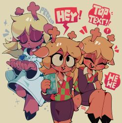  ! 1girl absurdres animal_ears antlers barefoot black_eyes black_shirt black_skirt blonde_hair blush buck_teeth checkered_sweater_vest cloak closed_eyes closed_mouth collared_shirt deer_ears deer_tail deltarune english_text freckles furry furry_female hair_between_eyes highres horns long_hair long_sleeves looking_at_viewer mistakeharvest noelle_(genshin_impact) noelle_holiday noelle_holiday_(dark_world) reindeer_antlers reindeer_girl shirt skirt solo speech_bubble spoken_exclamation_mark tail teeth utdr_(toby_fox) white_cloak 