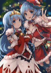  2girls az_9649 belt blue_eyes blue_hair breasts brown_belt christmas_tree cinderella_(grimms_notes) cinderella_(seiya)_(grimms_notes) closed_mouth coat commentary elbow_gloves fam_(grimms_notes) fam_(seiya)_(grimms_notes) fur-trimmed_jacket fur_trim gem gloves gold_tiara grimms_notes hair_between_eyes hand_on_own_chest hand_up hat highres jacket long_hair midriff multiple_girls navel open_clothes open_coat open_mouth red_coat red_gem red_gloves red_hat red_skirt short_hair skirt smile thigh-highs untranslatable_commentary w wide_sleeves 