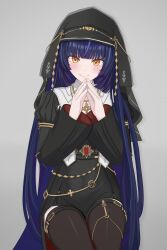 1girl absurdres black_dress black_thighhighs black_veil blue_hair blunt_bangs blush brown_thighhighs closed_mouth coif commentary cross dress grey_background hands_up highres jewelry juliet_sleeves korean_commentary lilpa long_hair long_sleeves looking_at_viewer multicolored_hair necklace nun official_alternate_costume orange_eyes own_hands_together puffy_sleeves purple_hair simple_background sitting smile solo steepled_fingers thigh-highs usang-kkang veil very_long_hair virtual_youtuber waktaverse wide_sleeves yellow_eyes 