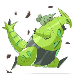  black_sclera colored_sclera commentary debris english_commentary full_body green_eyes iron_thorns larvitar no_humans non-humanoid_robot open_mouth pokemon pokemon_(creature) pokemon_focus psaber97 red_eyes riding riding_pokemon robot running simple_background v-shaped_eyes white_background 