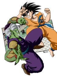 2girls 6+boys announcer_(dragon_ball) barefoot battle black_eyes black_hair bulma colored_skin dougi dragon_ball dragon_ball_(classic) green_skin highres male_focus midair multiple_boys multiple_girls muscular muscular_male no_eyebrows orange_pants orange_shirt pants piccolo pointy_ears purple_pants purple_shirt shirt son_goku spiky_hair yajirobe yamuchasiyagatte 
